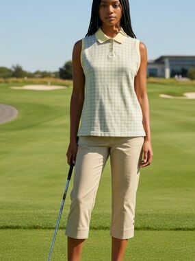 Columbia M Sleeveless 3 Button Collar Golf, Athletic, Casual Top- Sage & Yellow